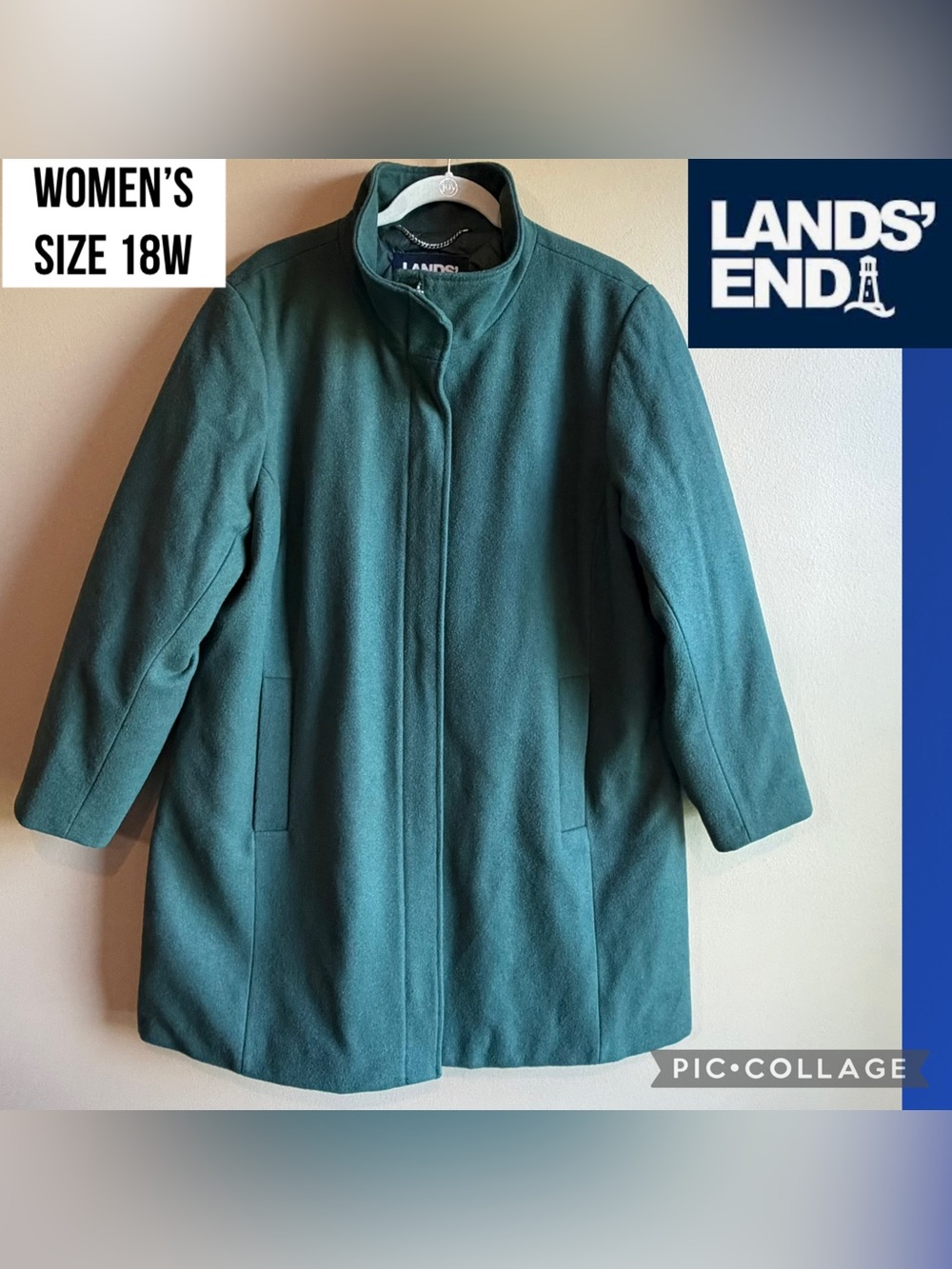 Lands End Womens Coat Green Wool Blend Primaloft Insulated Full Zip Stand Collar